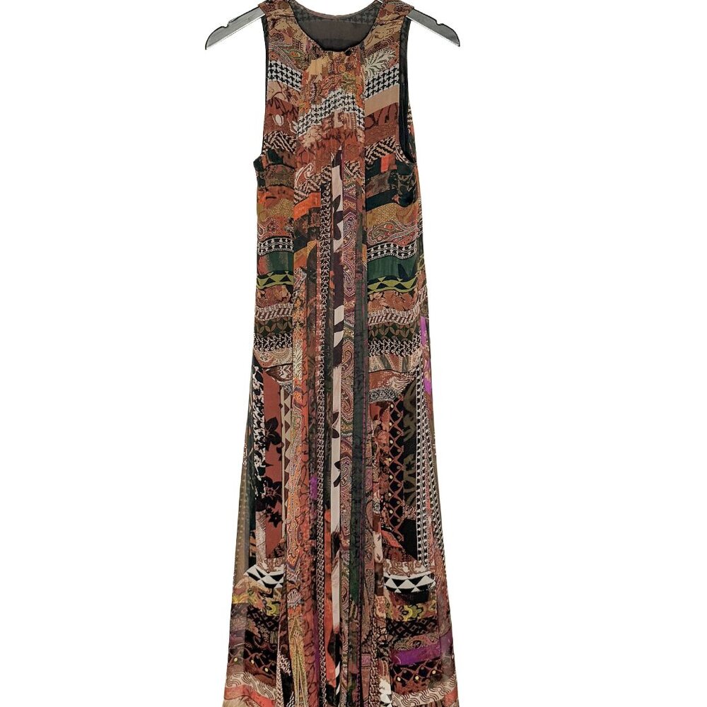 Etro Brown Silk Multipattern Maxi Sleeveless Dress